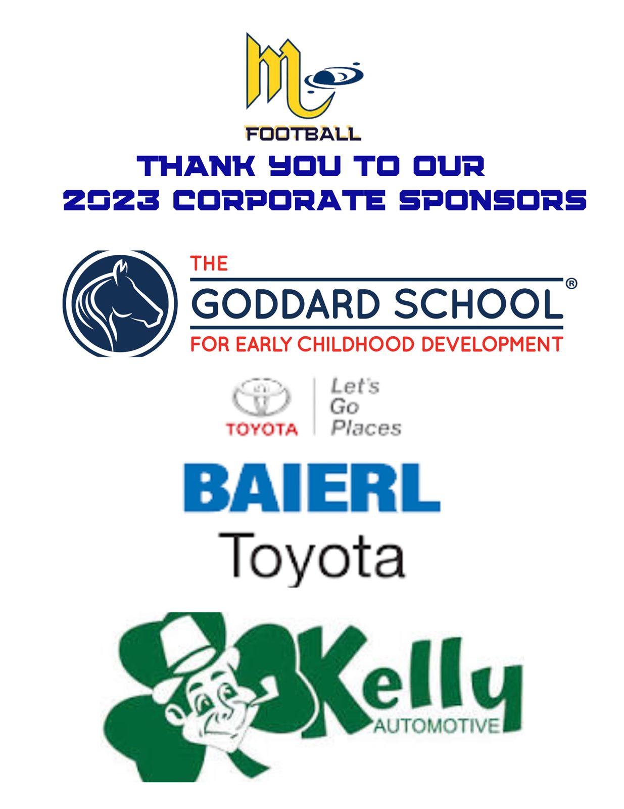 Thank you to our 2023 corporate title sponsors: The Goddard School, Baierl Toyota and Kelly Automotive