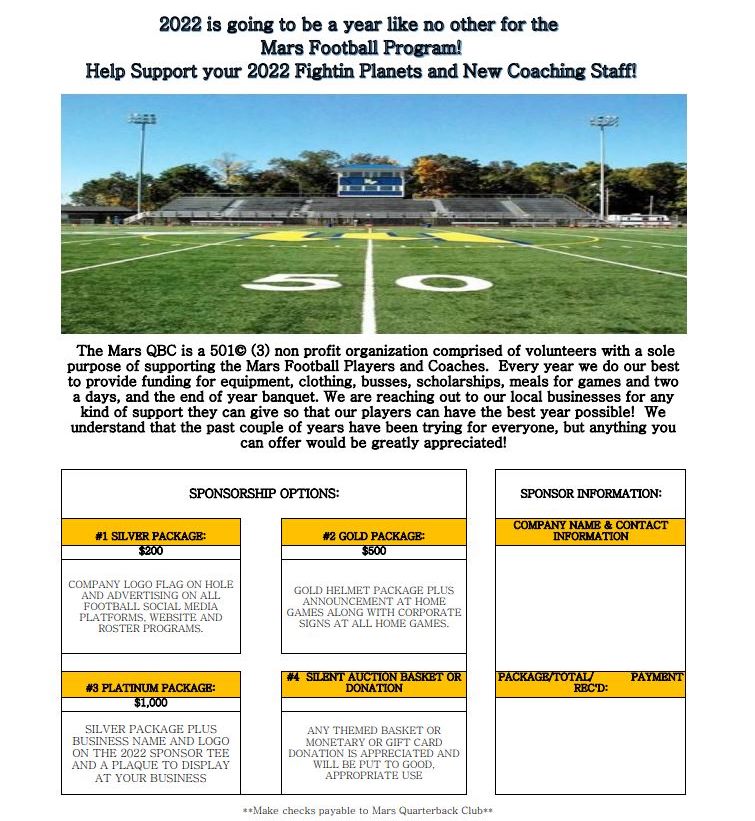 Mars Quarterback Club corporate sponsorship letter